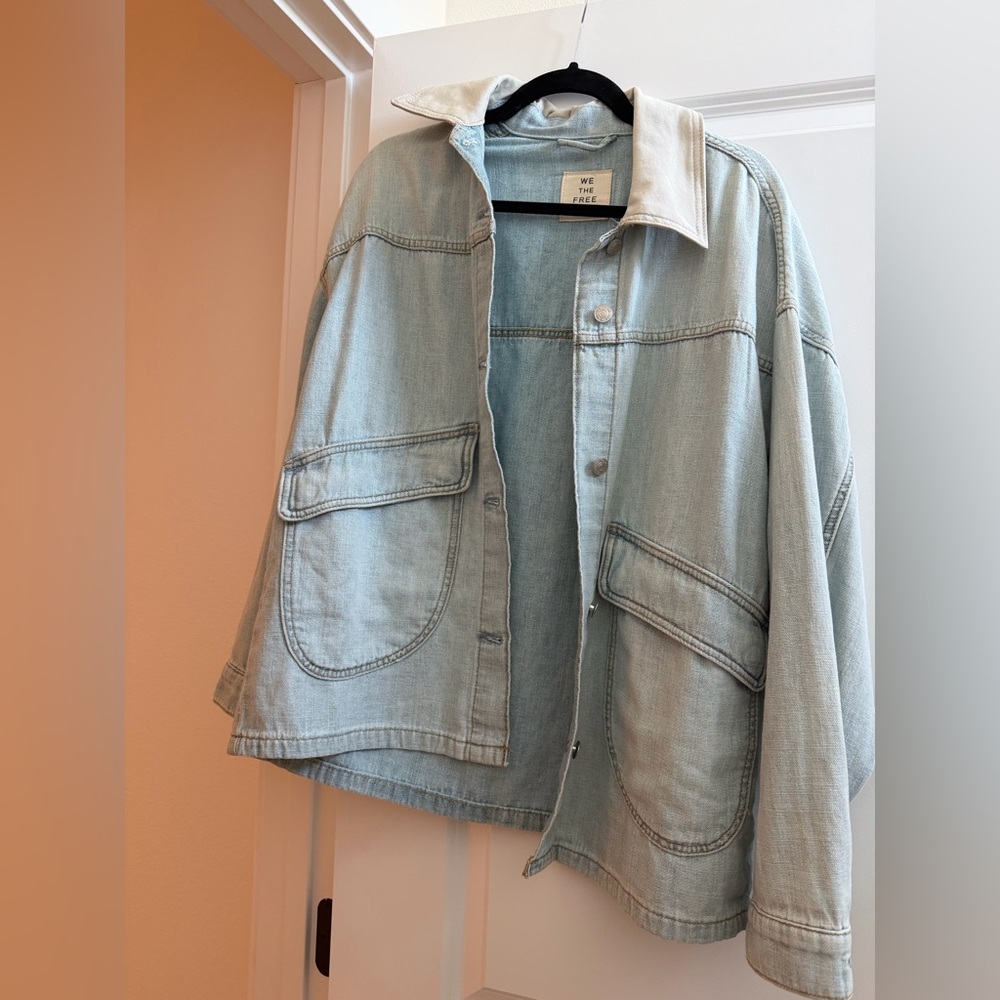 Free People Light Wash Denim Utility Jacket with Cream Collar
